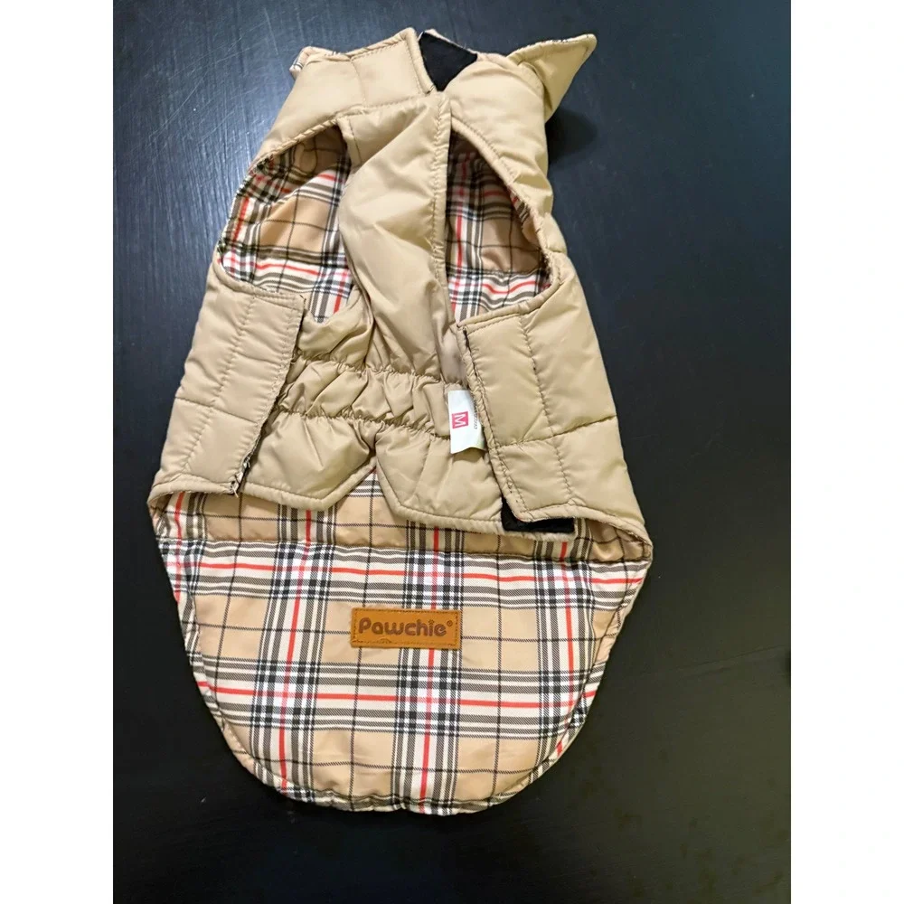 Pawchie Reversible Dog Puffer Vest Plaid Tan Quilted Jacket Medium RN DCD057